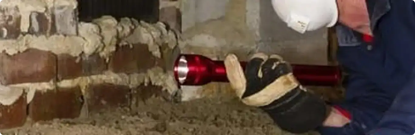 Pest control technician inspecting a crawl space for ant activity in Gretna, LA