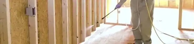 Termite treatment technician applying spray along framing and unfinished walls in New Orleans, LA