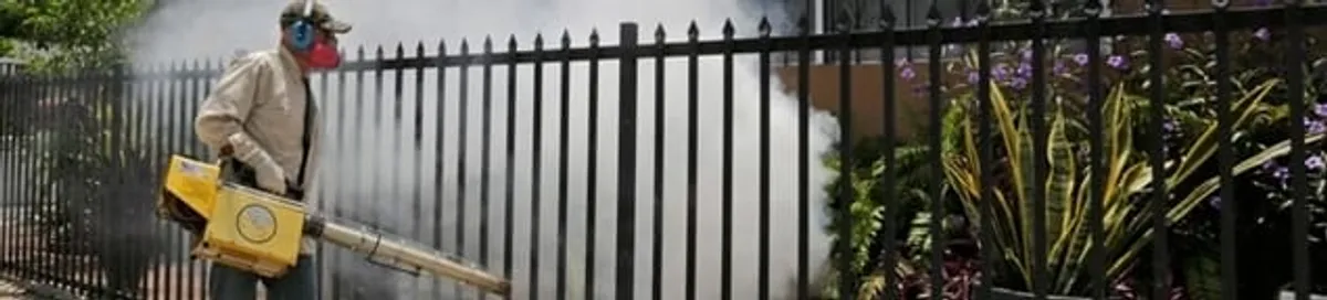 Mosquito control technician fogging a yard perimeter for mosquito reduction in New Orleans, LA